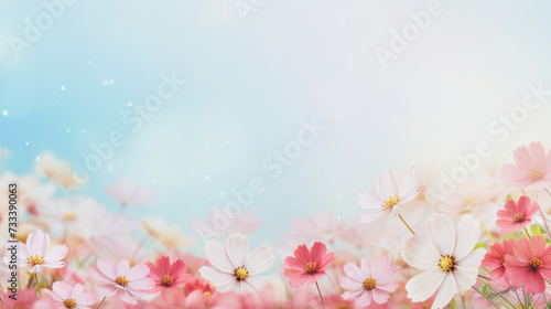 ai generative illustration of a soft pastel colored spring background with pink and white flowers and blurred background for copy space