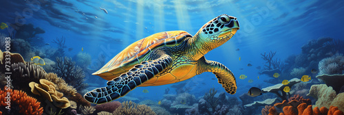 Sea turtle with underwater background © Ovidiu