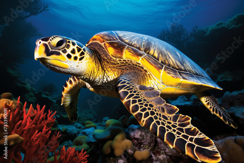 Sea turtle with underwater background
