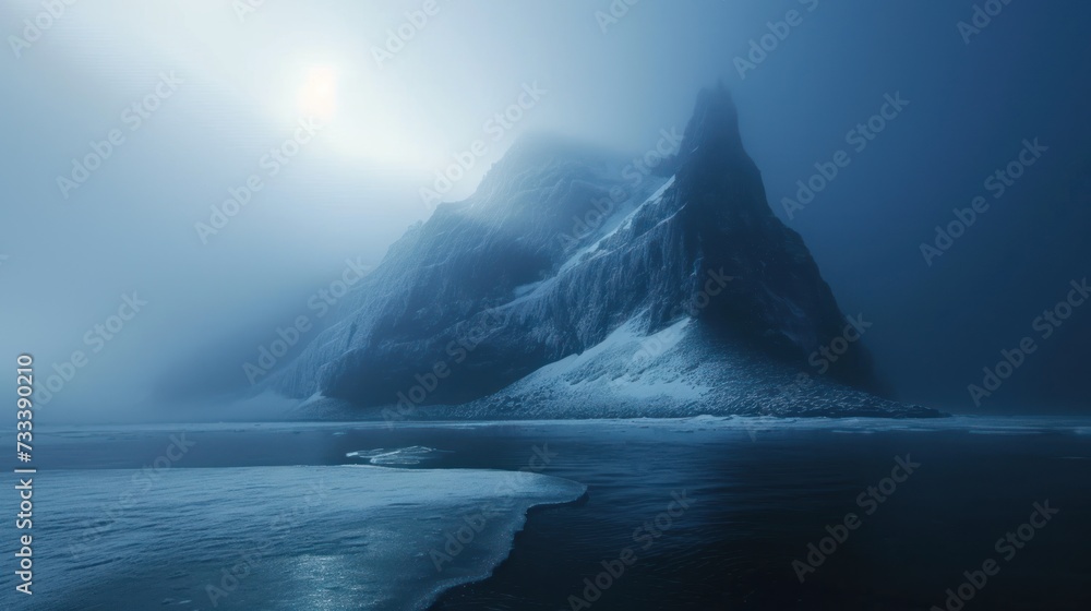  a very tall mountain in the middle of a body of water with ice on the water and snow on the ground in the foreground and a bright blue sky.