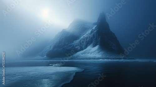  a very tall mountain in the middle of a body of water with ice on the water and snow on the ground in the foreground and a bright blue sky.
