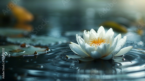 White waterlily or lotus flower in pond. Zen background