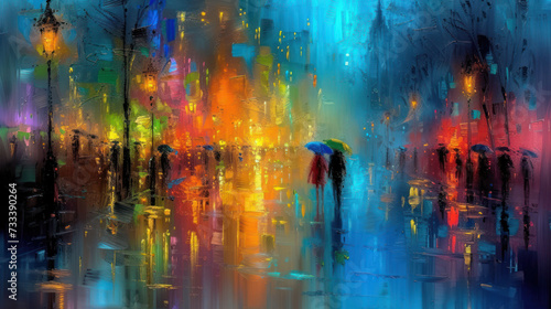  a painting of a person holding an umbrella in the rain with a cityscape in the background and brightly colored lights on the buildings and umbrellas in the foreground.
