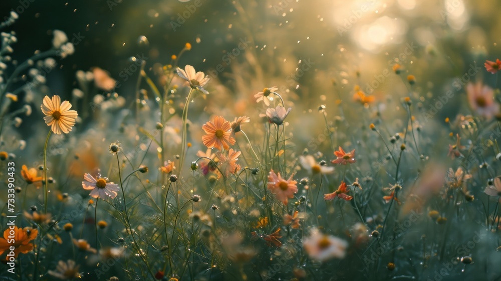  a field filled with lots of flowers on top of a lush green grass covered forest filled with lots of yellow and orange flowers on top of grass covered in sunlight.