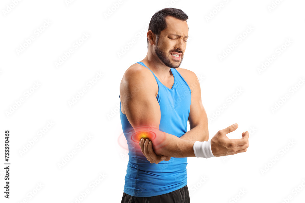 Young man in sportswear suffering from red inflamed elbow Young man in sportswear suffering from red inflamed elbow