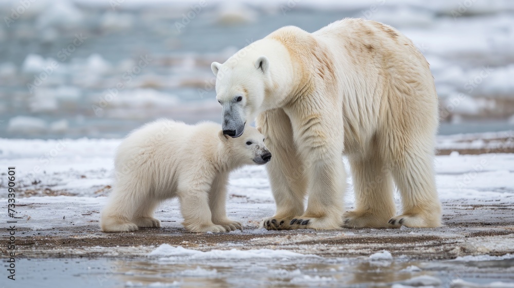 a large white polar bear standing next to a small white polar bear on top of a snow covered ground in front of a body of water with ice and snow on the ground. a large white polar bear standing next to a small white polar bear on top of a snow covered ground in front of a body of water with ice and snow on the ground.