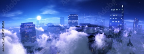 Skyscrapers among the clouds in the light of the Moon, 3D rendering © ustas