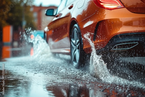 A luxurious red car speeds through a rain-soaked road, its wheels splashing through puddles as the automotive lighting reflects off the wet surface