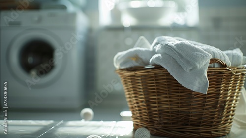 basket of towels and laundry in front of washing machine
