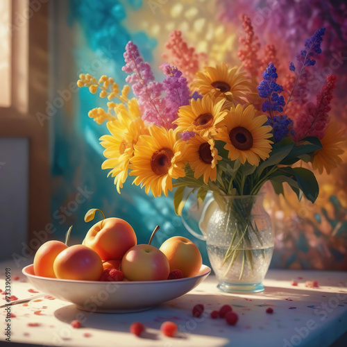 Wallpaper Mural Still life with flowers and fruits in a vase. Torontodigital.ca