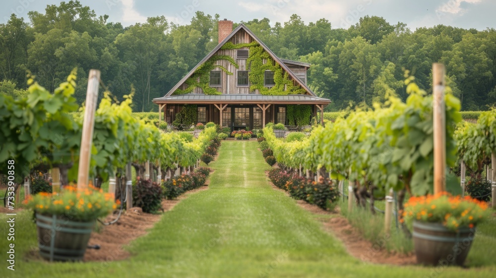 A charming vineyard estate, with rows of grapevines stretching as far as the eye can see and a rustic tasting room A charming vineyard estate, with rows of grapevines stretching as far as the eye can see and a rustic tasting room