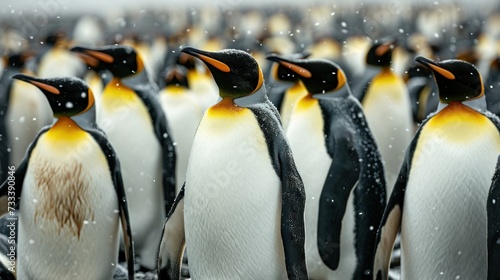  a group of penguins standing next to each other on top of a snow covered ground in front of a group of other penguins standing in the same direction of the same direction.