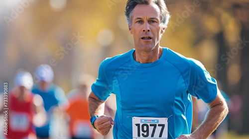 A focused senior man with a race bib numbered 1977 is actively running in a marathon event, showcasing fitness and endurance. photo