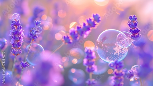  a field of lavender flowers with bubbles floating in the middle of the photo and the sun shining through the bubbles on the top of the top of the lavender flowers. © Anna