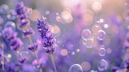  a close up of a bunch of water droplets on a purple plant with lavender flowers in the foreground and a blurry background of bubbles in the foreground. © Anna