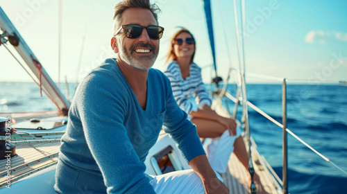 A smiling couple in casual attire and sunglasses enjoying a relaxing day on a yacht with a clear blue ocean in the background. © MP Studio