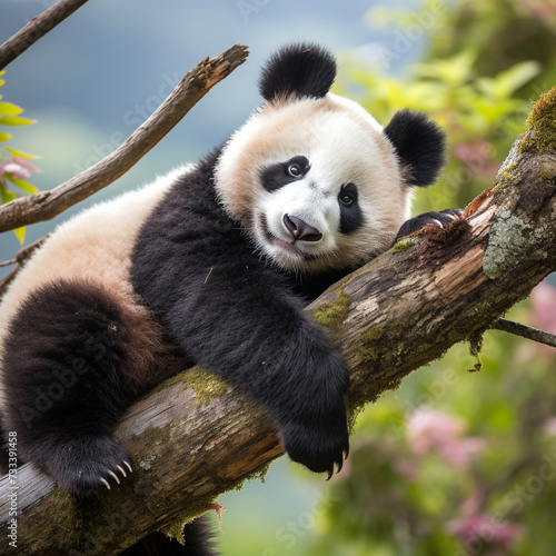 Panda bear sleeping on a tree branch background