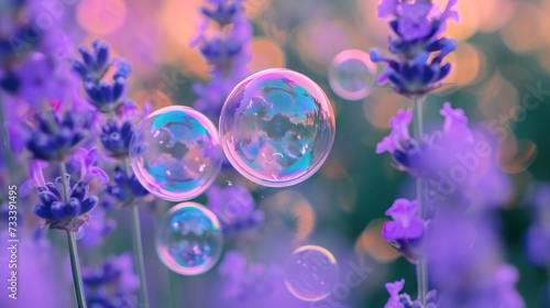  a bunch of soap bubbles sitting on top of a bunch of lavender flowers in front of a blurry image of a world map in the middle of the bubbles. © Anna