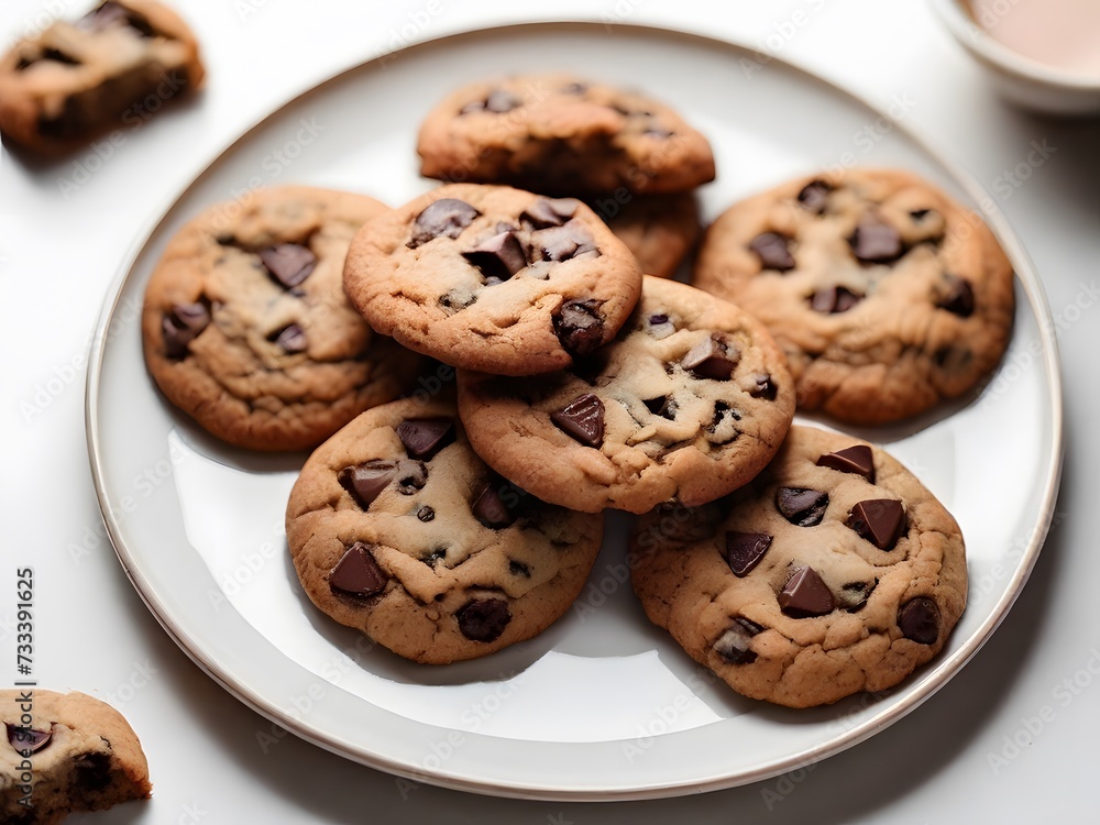 Freshly baked chocolate chip cookies, arranged neatly on a white plate against a simple white background, closeup view Freshly baked chocolate chip cookies, arranged neatly on a white plate against a simple white background, closeup view