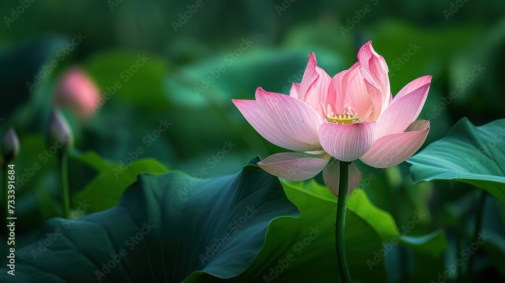  a pink lotus flower sitting on top of a lush green leaf covered field of water lilies in front of a lush green leaf filled forest filled with lots of leaves.