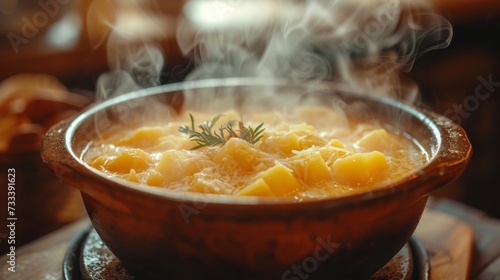 A bubbling pot of homemade soup, fragrant steam rising from the surface