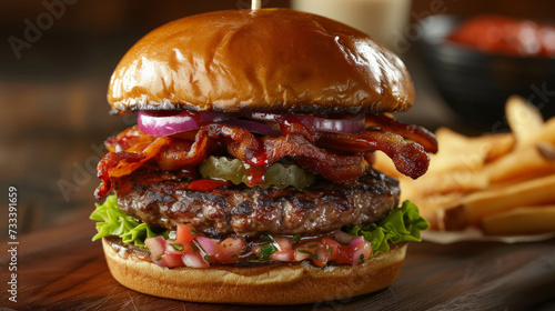 A close-up of a gourmet burger, piled high with toppings and served on a toasted brioche bun