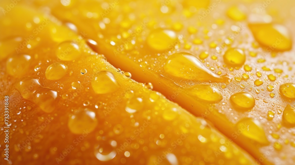 a close up view of water droplets on a yellow surface with a soft focus to the center of the drop of water on the top of the droplet of the droplet. a close up view of water droplets on a yellow surface with a soft focus to the center of the drop of water on the top of the droplet of the droplet.