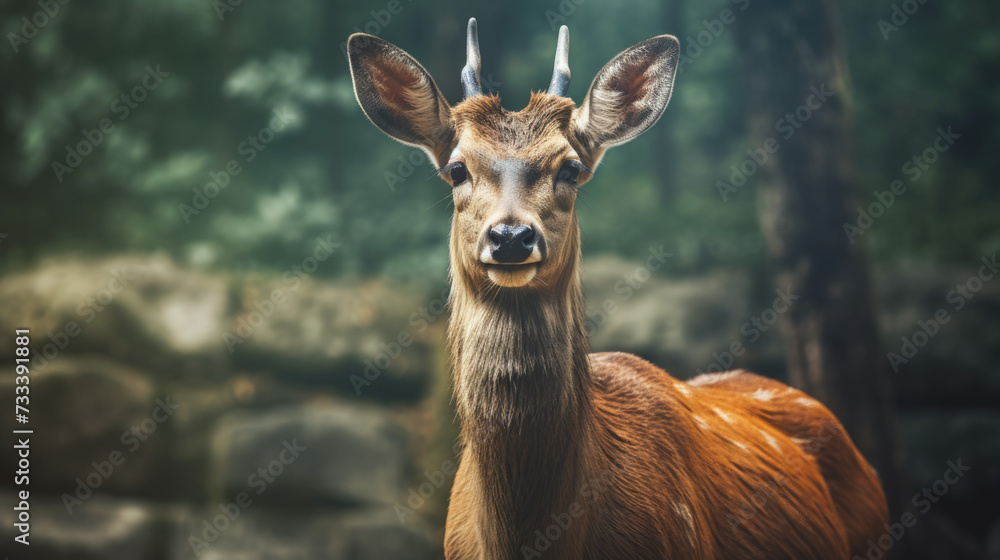 Indian hog deer stands alone. It is a small deer. It gets its name from the hog-like manner in which it runs through the forests with its head hung