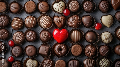  a table topped with lots of chocolates and a red heart shaped lollipop on top of each of the chocolates is covered in different types of chocolates.