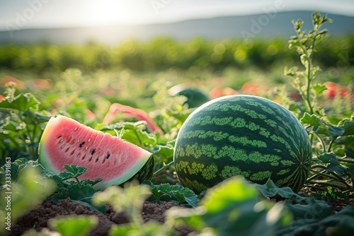 A juicy watermelon and its smaller counterpart bask in the warmth of the sun, surrounded by a sea of vibrant green grass and the promise of sweet refreshment photo