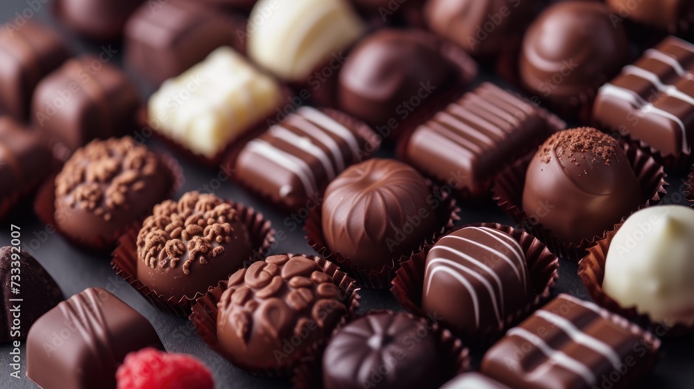 a close up of a bunch of chocolates with different colors and sizes of chocolates on top of a black surface with raspberries and raspberries on the side. a close up of a bunch of chocolates with different colors and sizes of chocolates on top of a black surface with raspberries and raspberries on the side.