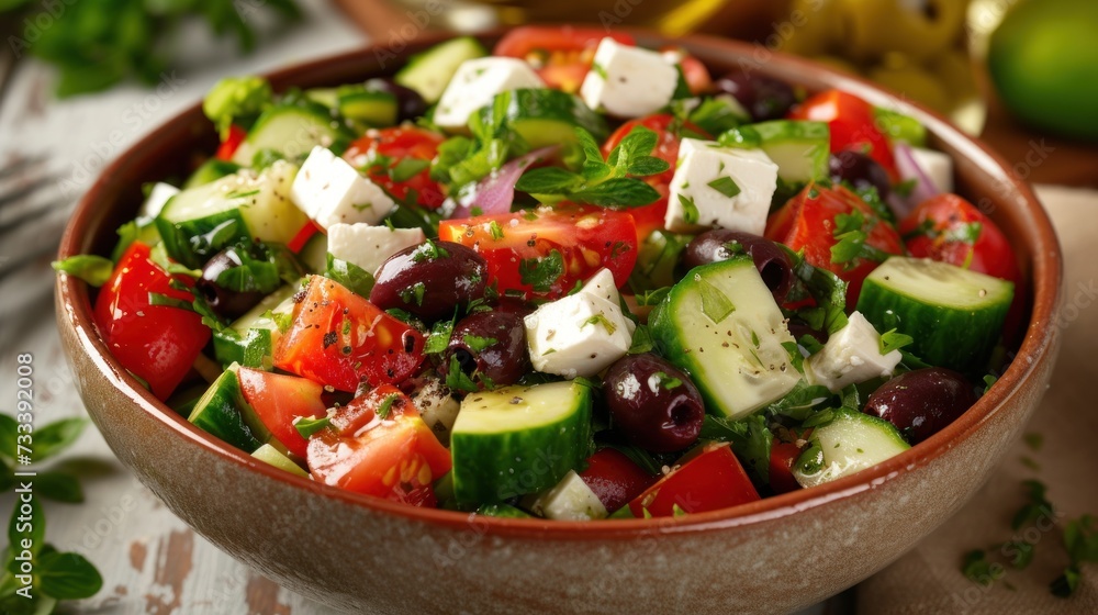  a salad with cucumbers, tomatoes, olives, feta cheese and parsley in a bowl on a table with utensils and utensils.