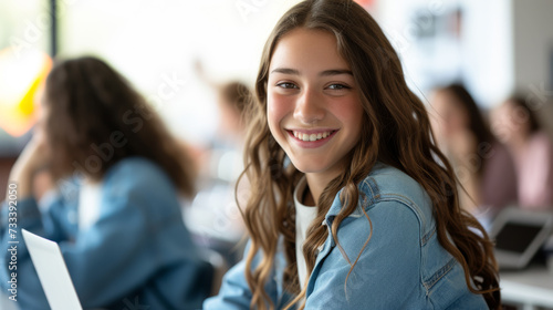Wallpaper Mural A smiling student with curly hair and a denim jacket is sitting in a classroom, turning around to smile at the camera while others are focused on their laptops. Torontodigital.ca