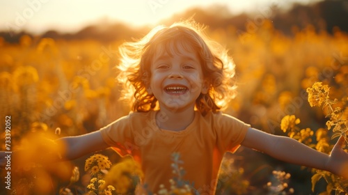 A child running through a field with outstretched arms, a beaming smile light...