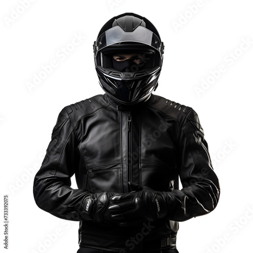 Motorcycle leather jacket, man with motorcycle leather apparel with helmet, frictional character 