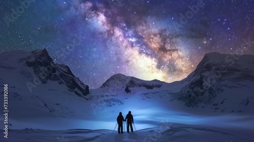  a couple of people standing on top of a snow covered slope under a night sky filled with stars and a lot of stars above a mountain range covered in snow.