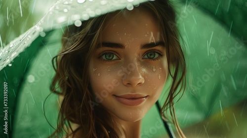a beautiful girl stands under a green umbrella in the rain and looks at the c...