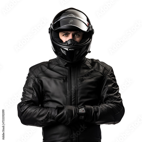 Motorcycle leather jacket, man with motorcycle leather apparel with helmet, frictional character  © Taiwo