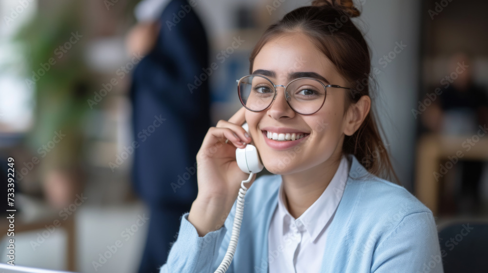A smiling woman in an office is happily speaking on a telephone, likely engaging in a cheerful customer service conversation.