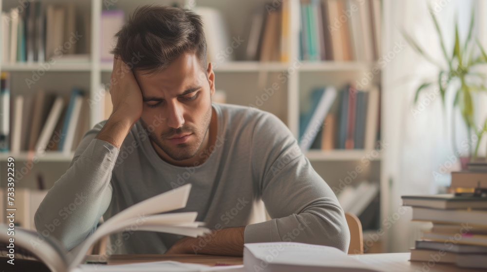 A man appears fatigued as he rests his head in his hand while studying at a desk with open books, suggesting exhaustion or frustration during a study session. A man appears fatigued as he rests his head in his hand while studying at a desk with open books, suggesting exhaustion or frustration during a study session.