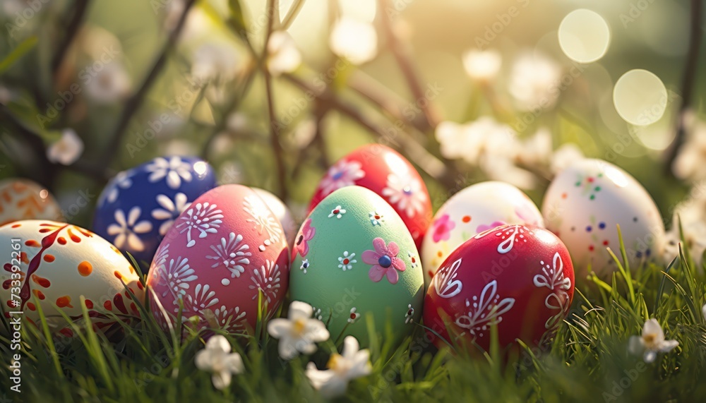 Gold Easter eggs with spring pattern theme on Beautiful Spring Foliage and Green Grass background