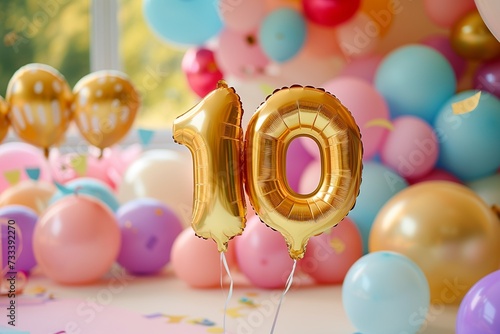 10. Geburtstag, "10" aus goldenen Heliumballons, bunte Luftballons im Hintergrund, farbenfrohe Kinderparty