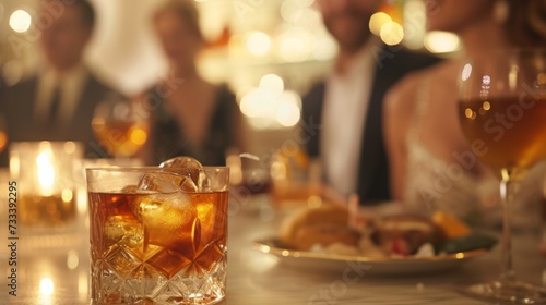 A chic cocktail party, with guests dressed to the nines and enjoying artisanal drinks crafted with precision and flair