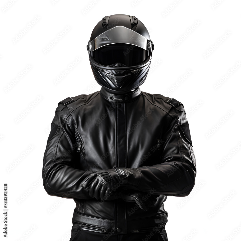 Motorcycle leather jacket, man with motorcycle leather apparel with helmet 