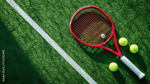 A tennis racket and ball on a green tennis court with white boundary lines.