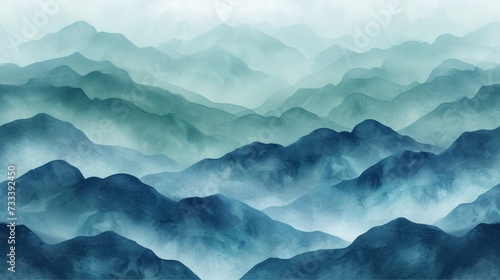  a painting of a mountain range with a blue hued sky in the foreground and a light blue hued background in the upper right corner of the image.