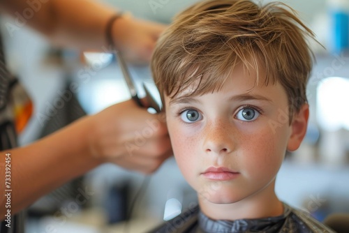 A young boy sits still as his hair is trimmed, his face full of curiosity and innocence while his mother carefully tends to his locks in the comforting warmth of their home
