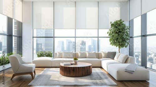 A chic and modern living room, with stylish furnishings and panoramic views of the city skyline