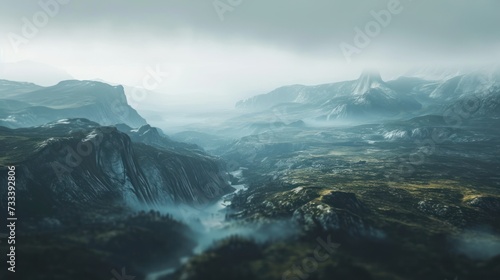  an aerial view of a mountain range with a river running between it and a foggy sky over the top of the mountain range, with a few trees in the foreground.