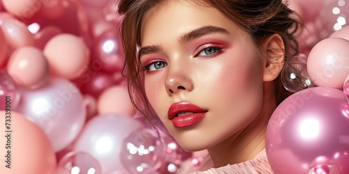 A young girl with delicate makeup against the background of pink balloons © Olga Mukashev